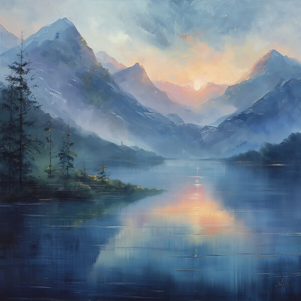 Schilderij van een meer met bergen en bomen Schilderij van een meer met bergen en bomen