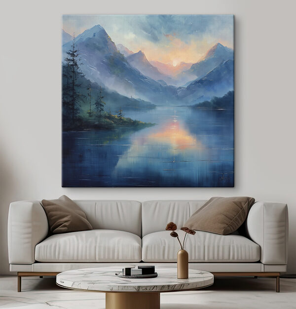 Schilderij van een meer met bergen en bomen Schilderij van een meer met bergen en bomen
