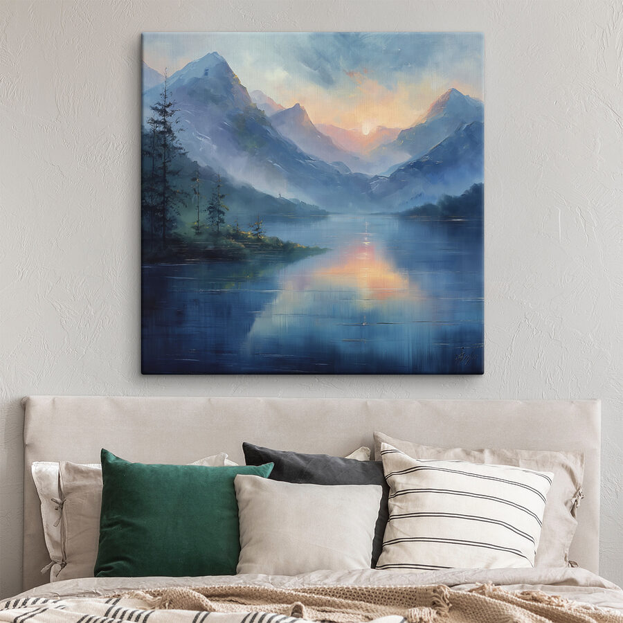 Schilderij van een meer met bergen en bomen Schilderij van een meer met bergen en bomen