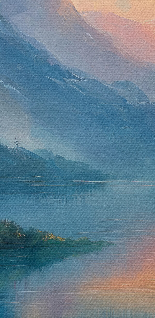 Schilderij van een meer met bergen en bomen Schilderij van een meer met bergen en bomen