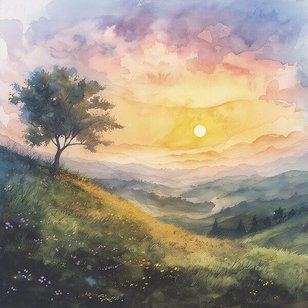 Schilderij van een landschap met een boom en bloemen Schilderij van een landschap met een boom en bloemen