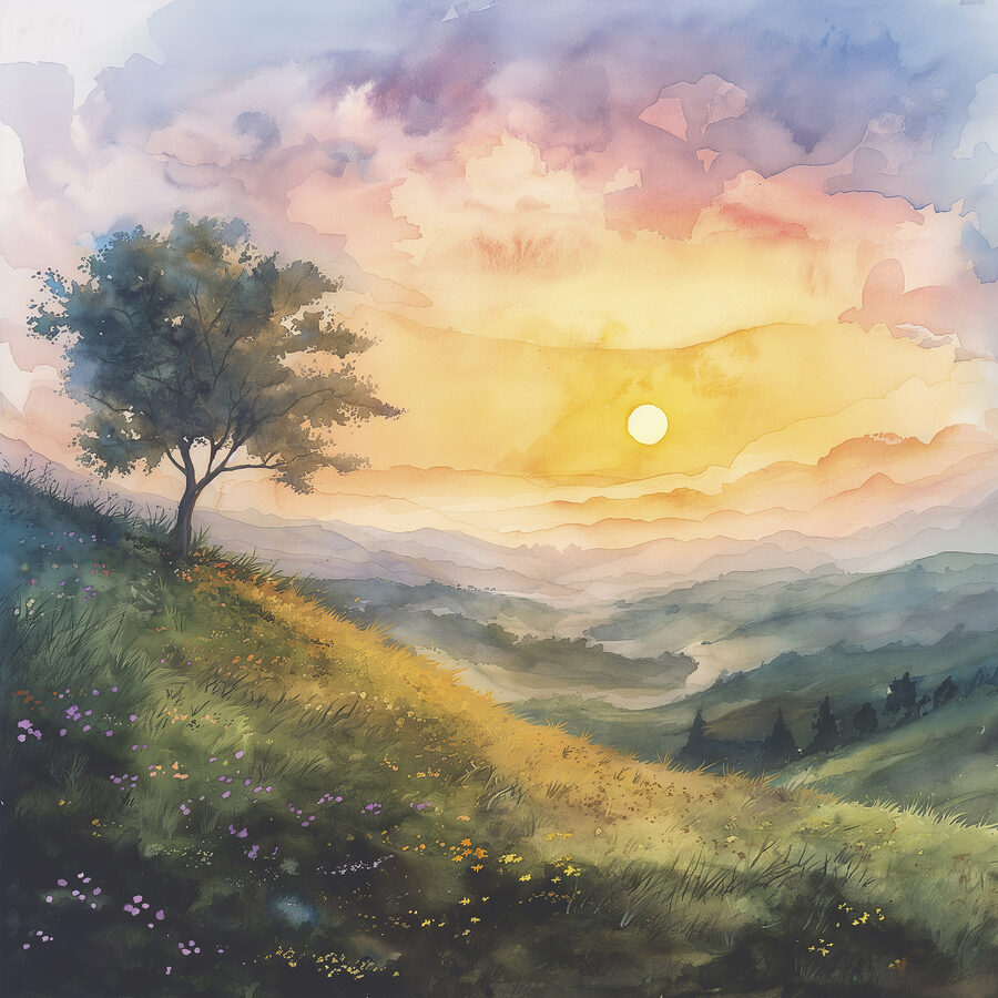 Schilderij van een landschap met een boom en bloemen