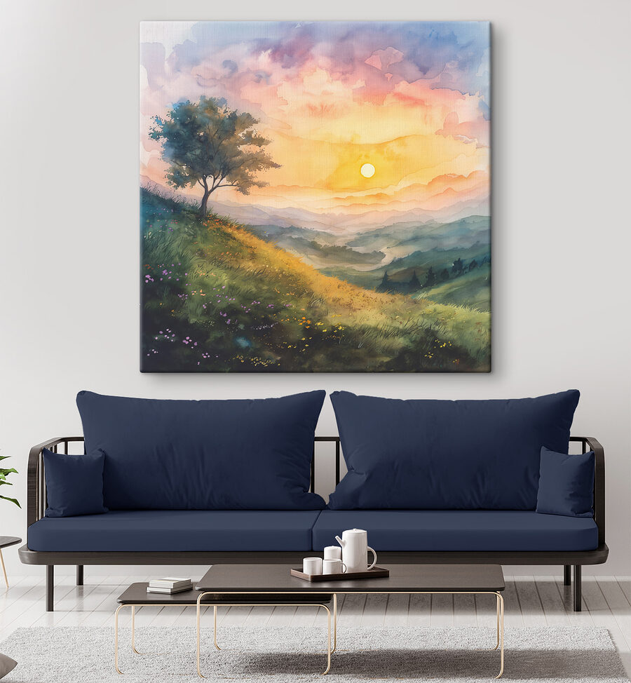Schilderij van een landschap met een boom en bloemen
