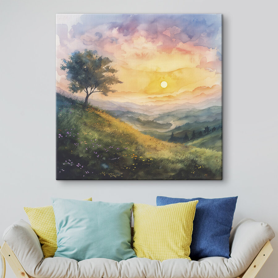 Schilderij van een landschap met een boom en bloemen