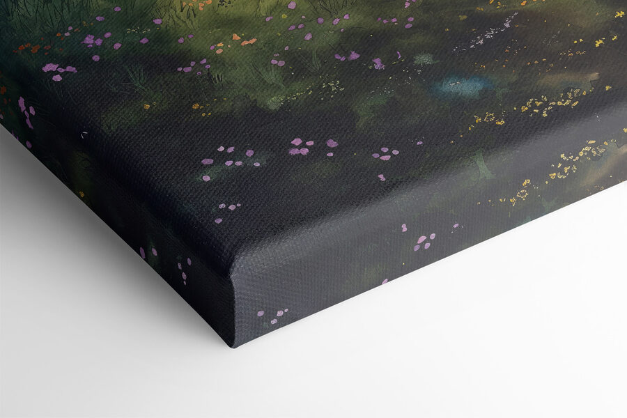Schilderij van een landschap met een boom en bloemen