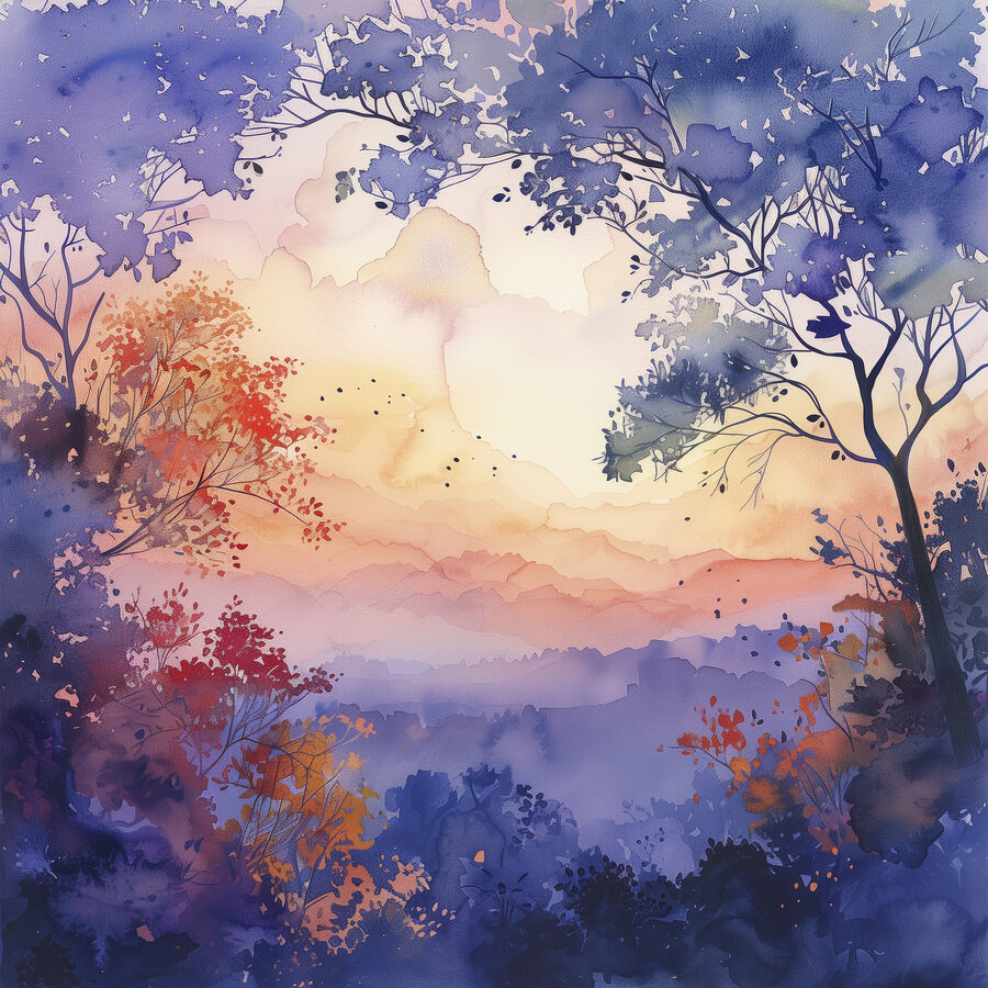 Aquarel van bomen en een zonsondergang