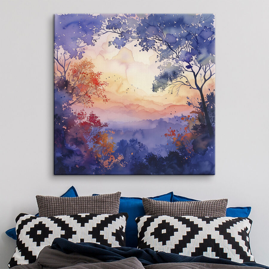 Aquarel van bomen en een zonsondergang