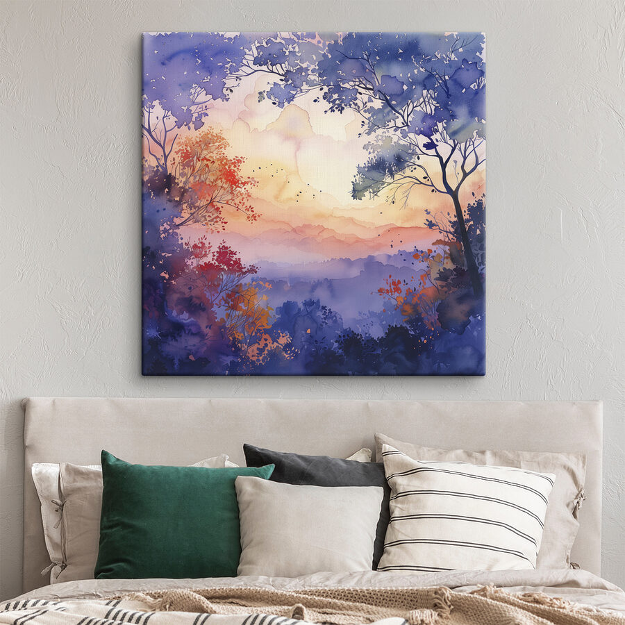 Aquarel van bomen en een zonsondergang