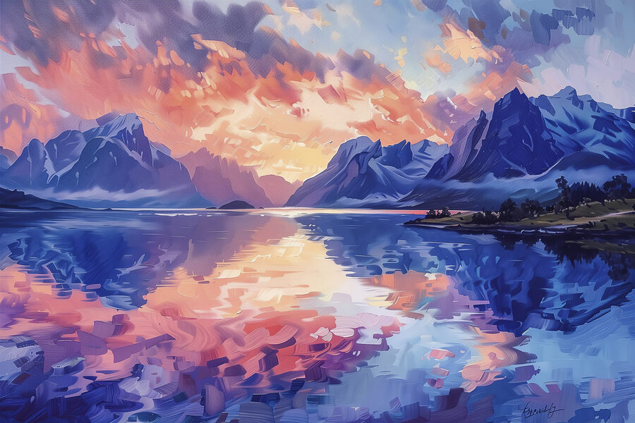 Schilderij van bergen en water