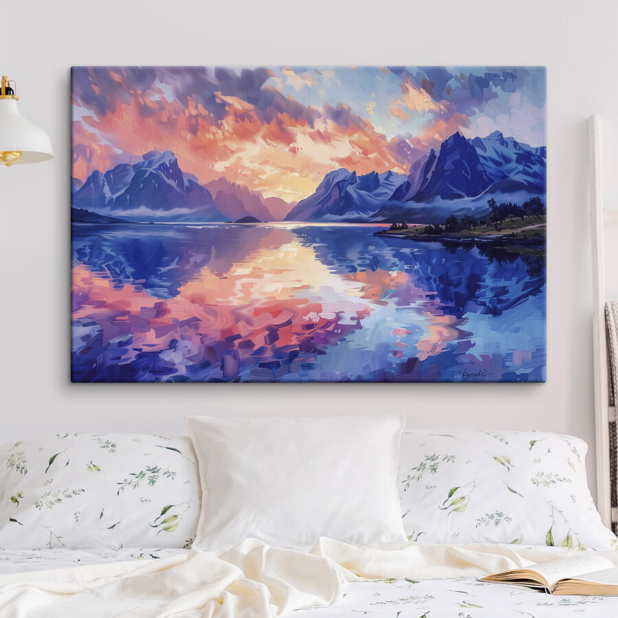 Schilderij van bergen en water