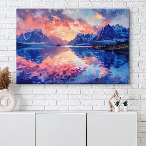 Schilderij van bergen en water Schilderij van bergen en water