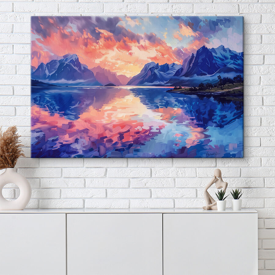 Schilderij van bergen en water