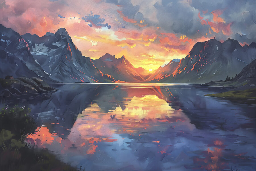 Bergketen met een meer en zonsondergang