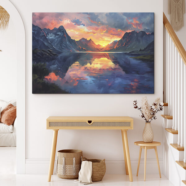 Bergketen met een meer en zonsondergang Bergketen met een meer en zonsondergang