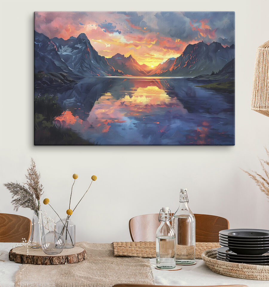 Bergketen met een meer en zonsondergang
