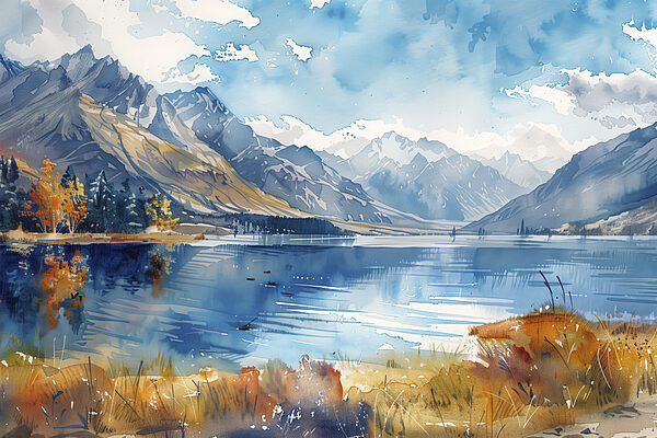 Aquarel schilderij van een meer omgeven door bergen en wolken Aquarel schilderij van een meer omgeven door bergen en wolken