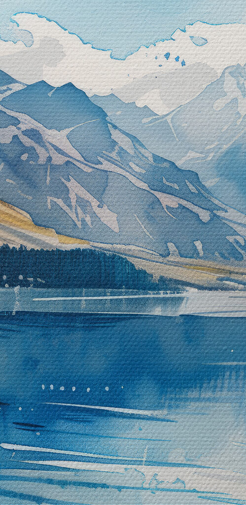 Watercolor painting of a lake surrounded by mountains and clouds