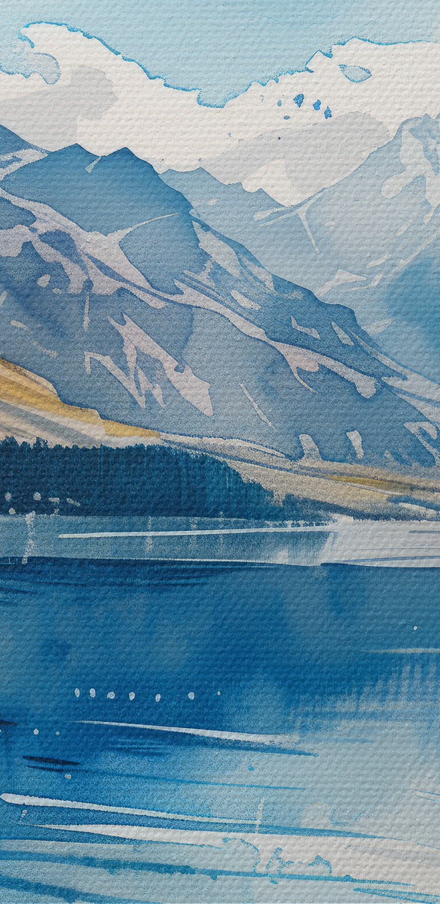 Aquarel schilderij van een meer omgeven door bergen en wolken