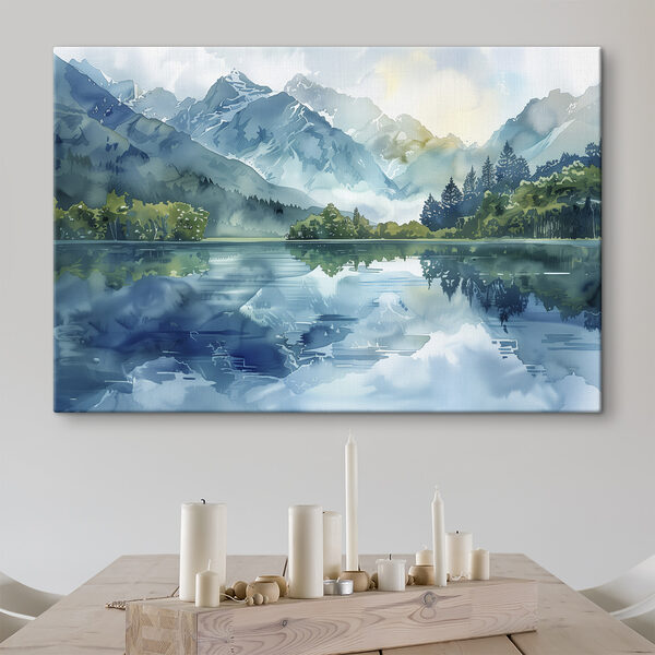 Waterschilderij van een meer met bomen en bergen op de achtergrond Waterschilderij van een meer met bomen en bergen op de achtergrond
