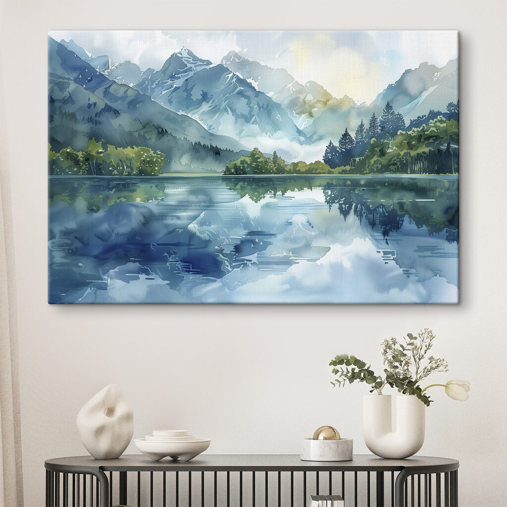 Water painting of a lake with trees and mountains in the background Water painting of a lake with trees and mountains in the background