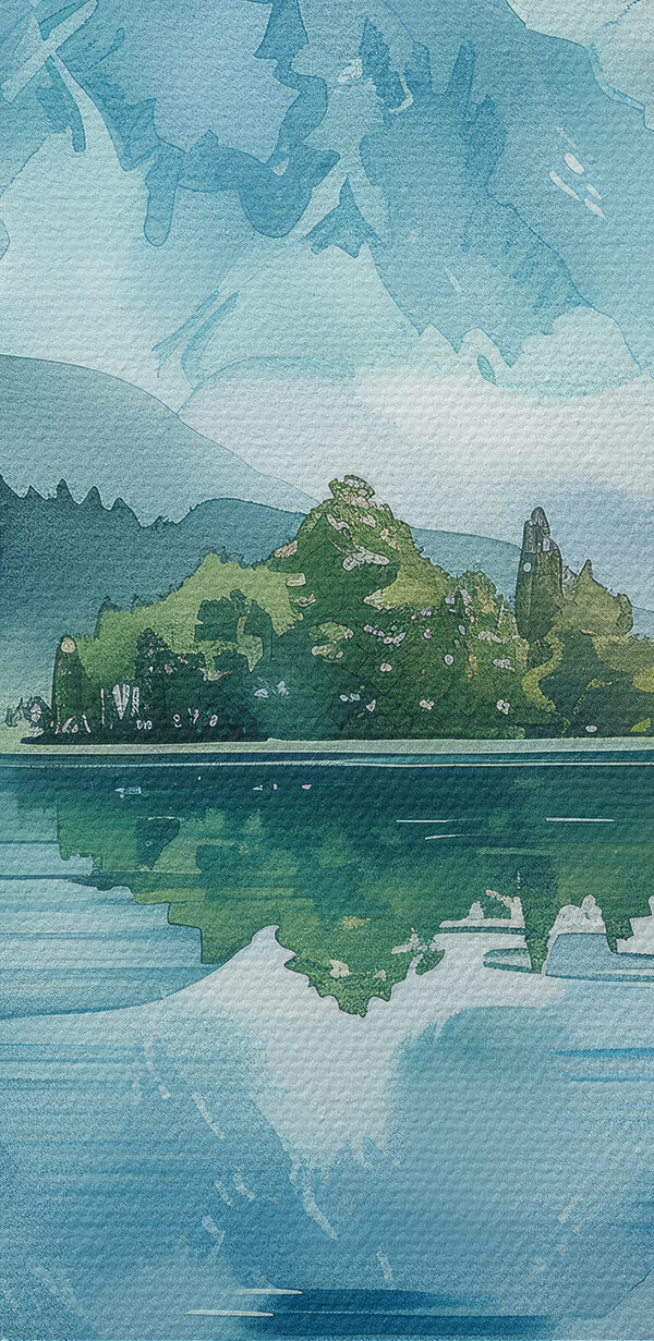 Waterschilderij van een meer met bomen en bergen op de achtergrond Waterschilderij van een meer met bomen en bergen op de achtergrond