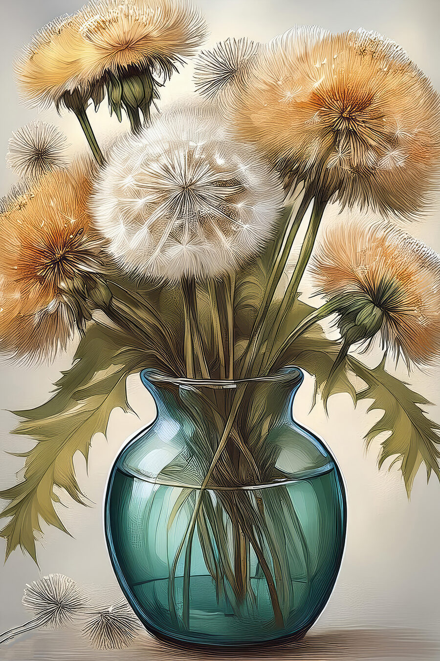Vaas met paardenbloemen erin