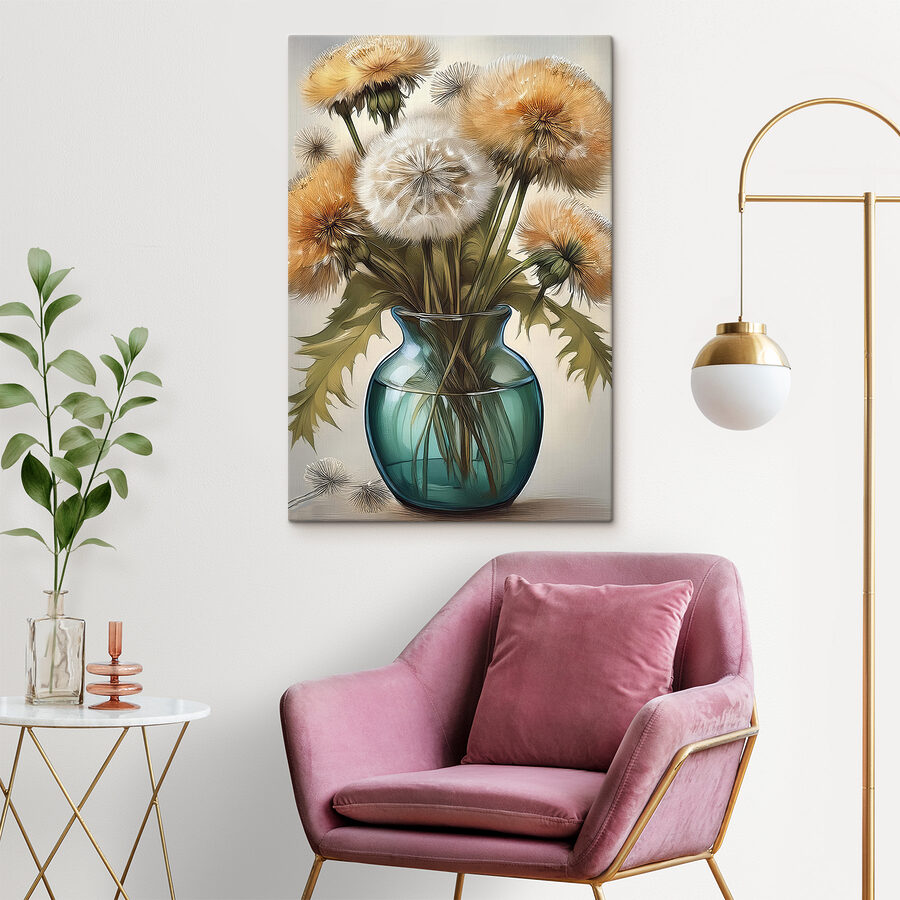 Vaas met paardenbloemen erin