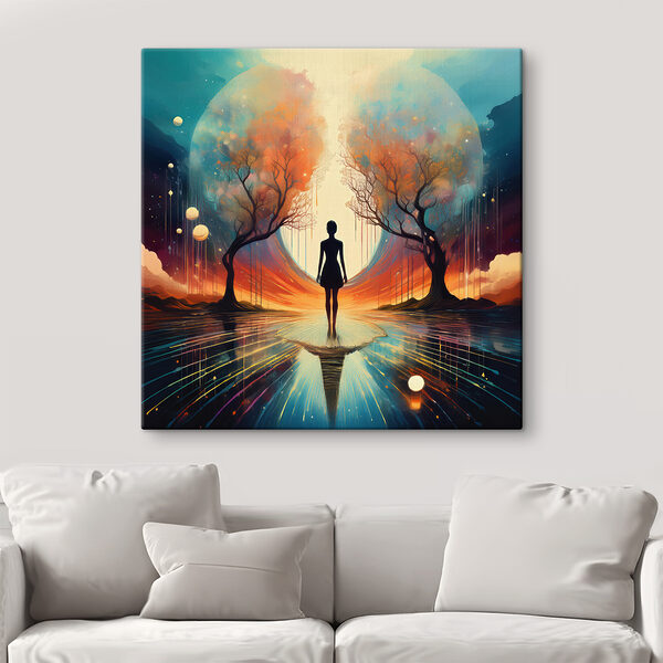 Vrouw staand op een reflecterend oppervlak met bomen en een grote maan Vrouw staand op een reflecterend oppervlak met bomen en een grote maan