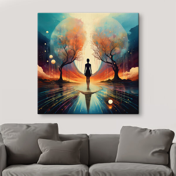 Vrouw staand op een reflecterend oppervlak met bomen en een grote maan Vrouw staand op een reflecterend oppervlak met bomen en een grote maan
