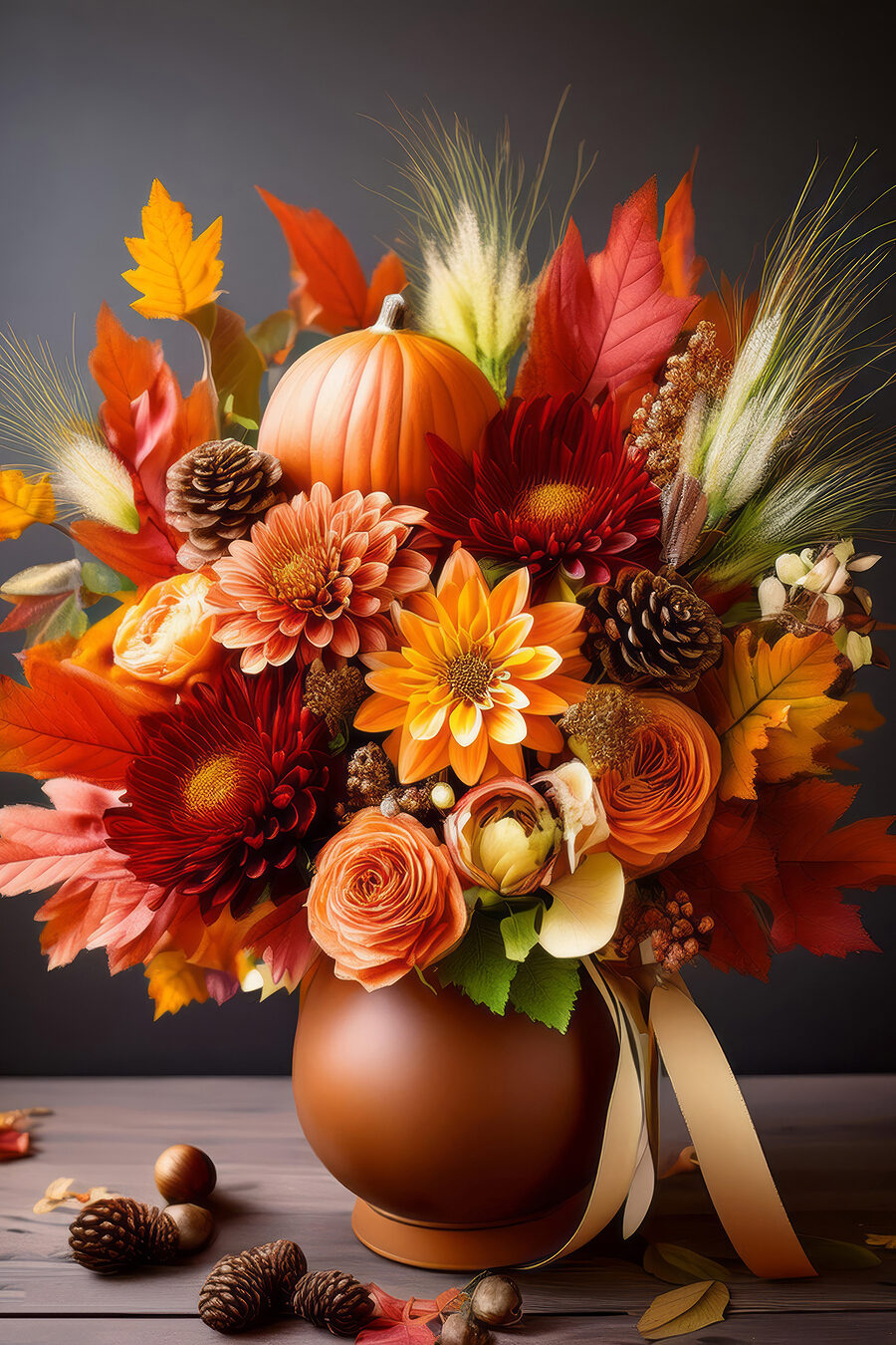 Vaas met bloemen en pompoenen Vaas met bloemen en pompoenen
