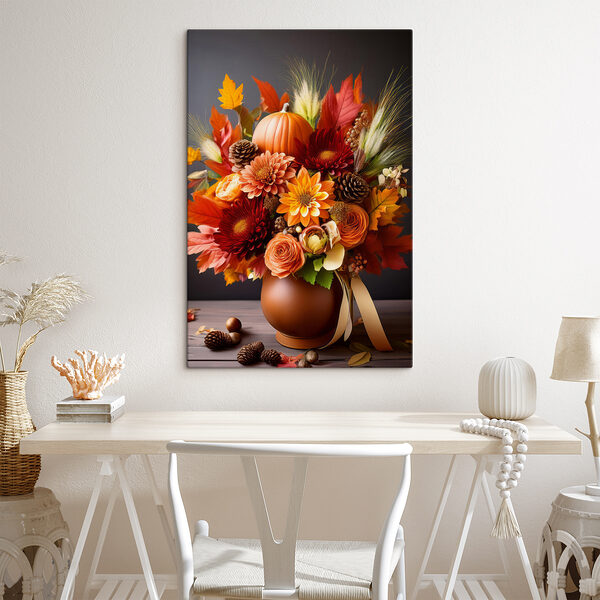 Vaas met bloemen en pompoenen Vaas met bloemen en pompoenen