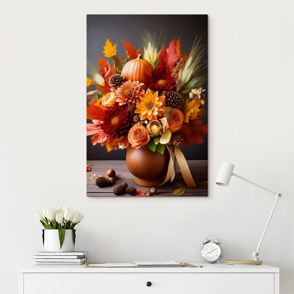 Vaas met bloemen en pompoenen Vaas met bloemen en pompoenen