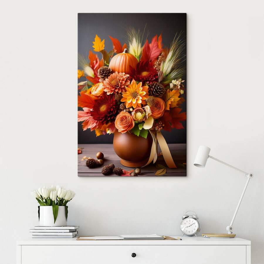 Vaas met bloemen en pompoenen Vaas met bloemen en pompoenen