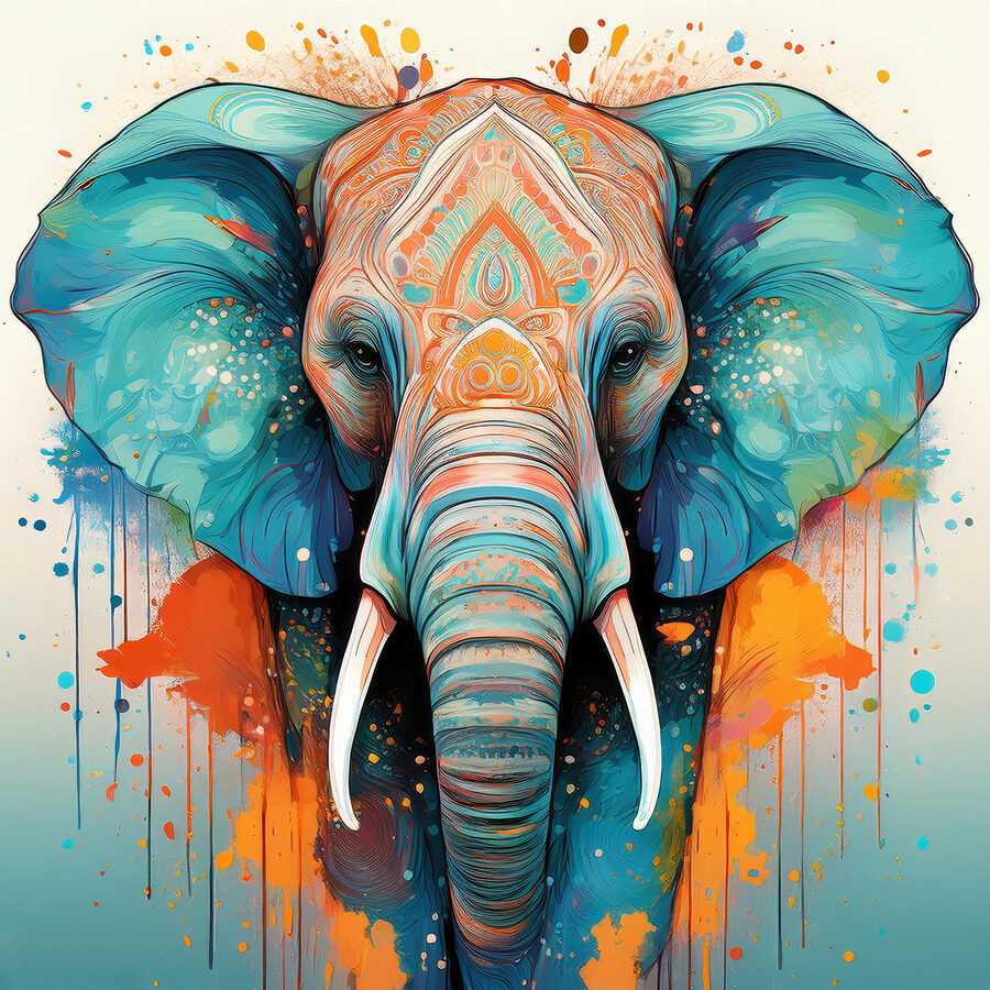Een olifant met kleurrijke verfspatten