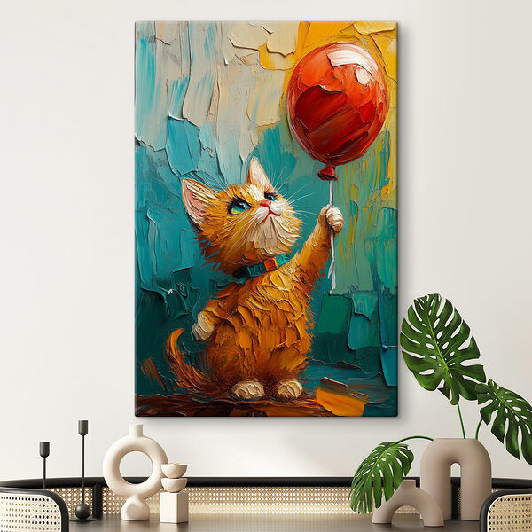 Schilderij van een kat met een ballon Canvas Schilderijen Schilderij van een kat met een ballon