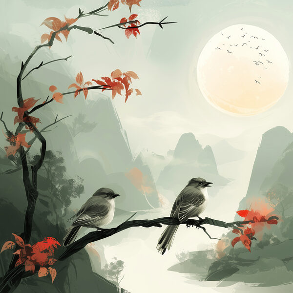 Vogels op een tak met rode bladeren en een volle maan Vogels op een tak met rode bladeren en een volle maan