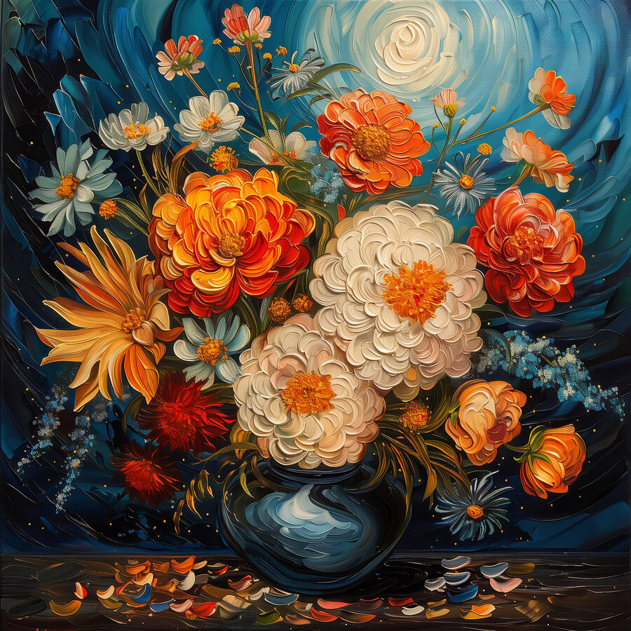 Schilderij van bloemen in een vaas
