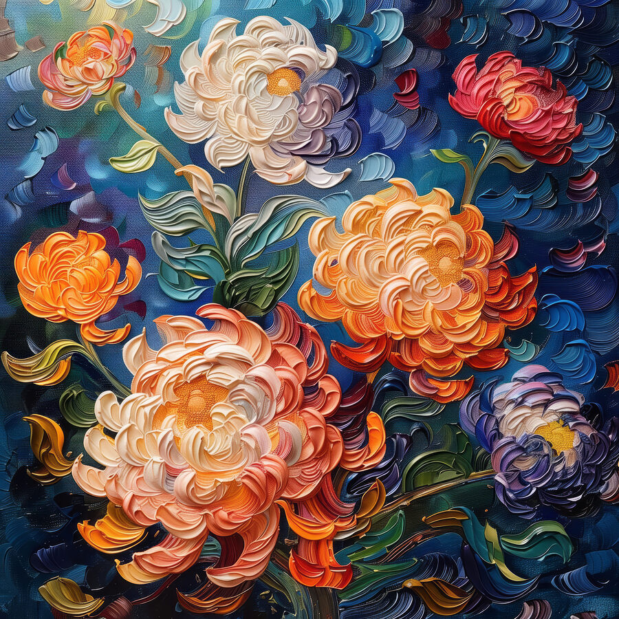 Schilderij van bloemen op een blauwe achtergrond