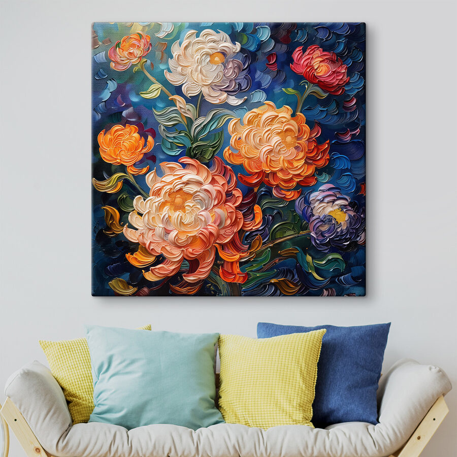 Schilderij van bloemen op een blauwe achtergrond