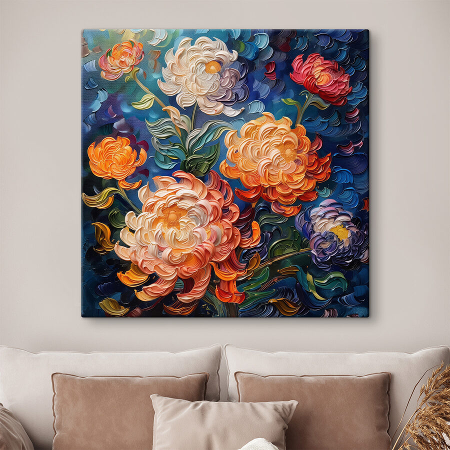 Schilderij van bloemen op een blauwe achtergrond