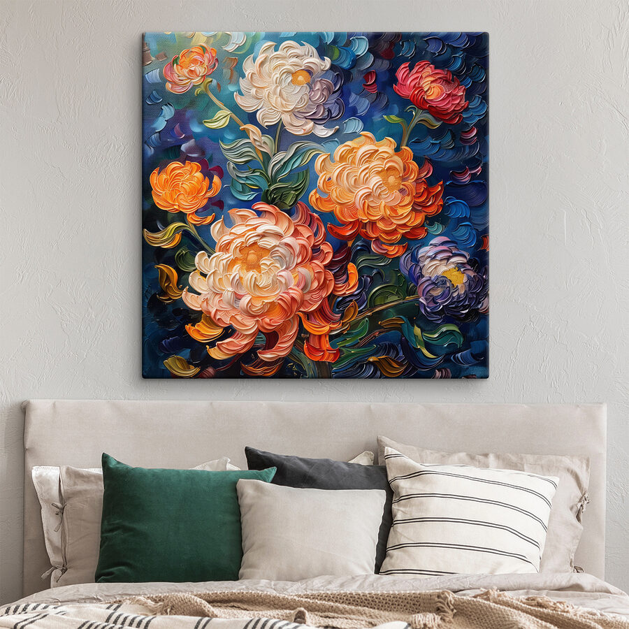 Schilderij van bloemen op een blauwe achtergrond