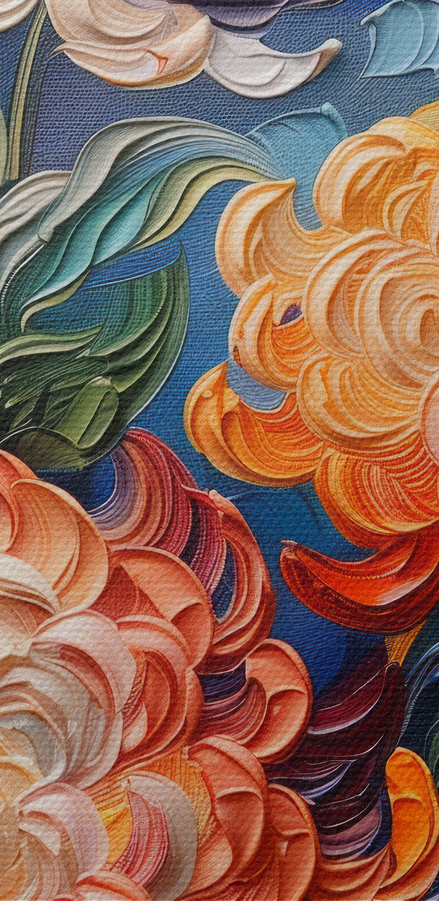 Schilderij van bloemen op een blauwe achtergrond