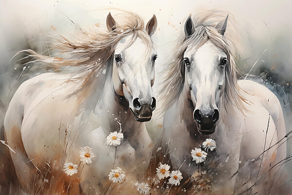 Schilderij van paarden met bloemen Schilderij van paarden met bloemen