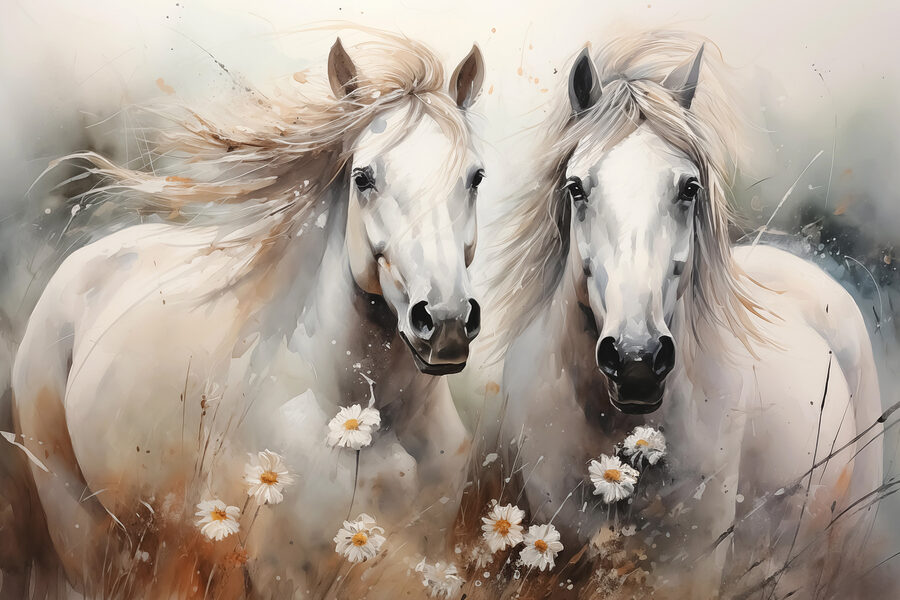 Schilderij van paarden met bloemen Schilderij van paarden met bloemen