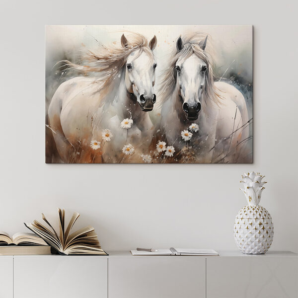 Schilderij van paarden met bloemen Schilderij van paarden met bloemen