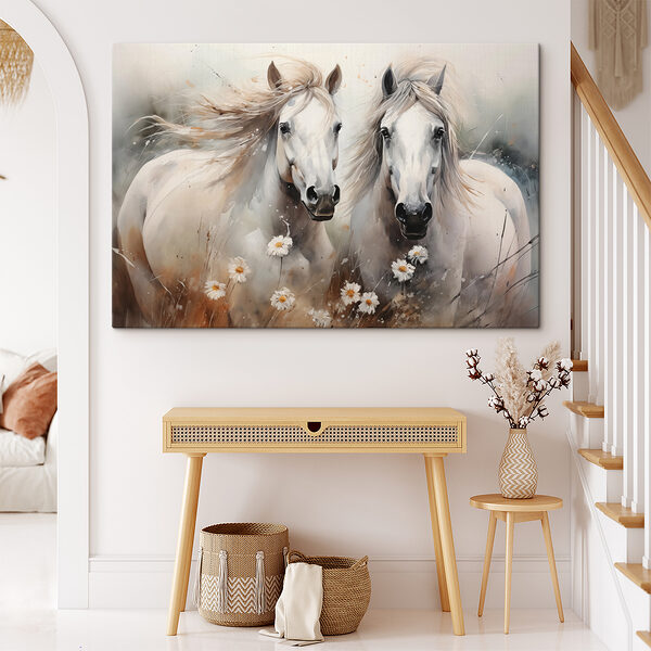 Schilderij van paarden met bloemen Schilderij van paarden met bloemen