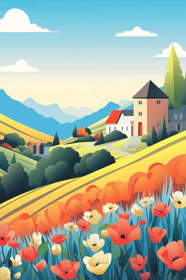 Huis in een vallei met bloemen Huis in een vallei met bloemen