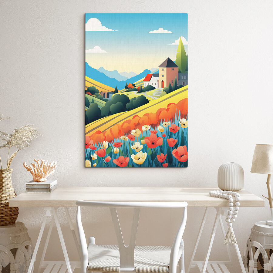 Huis in een vallei met bloemen