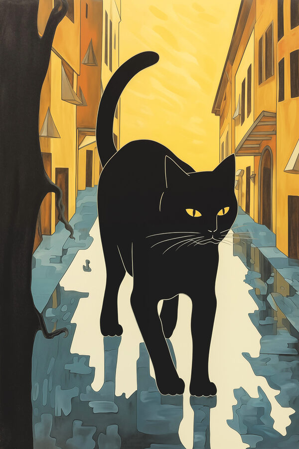 Zwarte kat loopt door een straat Zwarte kat loopt door een straat