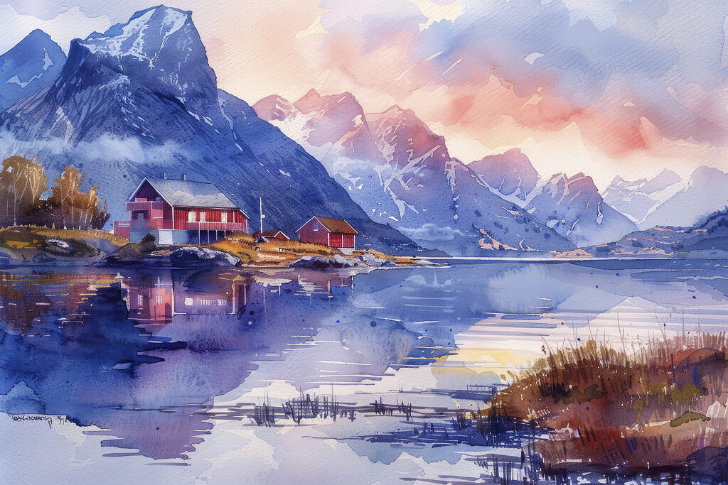 Watercolor painting of a house on a hill next to a lake